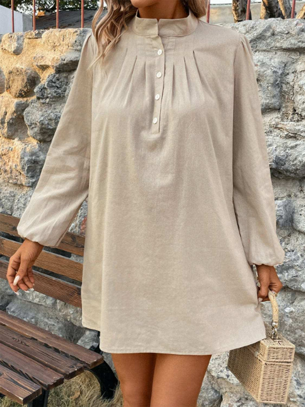 Half Button Mock Neck Long Sleeve Mini Shirt Dress - Trendsi - Flyclothing LLC
