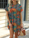 Printed Round Neck Short Sleeve Mini Dress - Trendsi - Flyclothing LLC