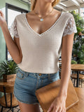 Lace Detail V-Neck Short Sleeve Blouse - Trendsi