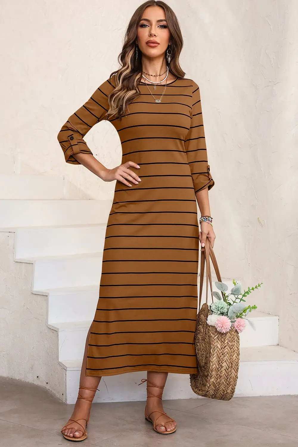 Slit Striped Round Neck Midi Dress - Trendsi - Flyclothing LLC