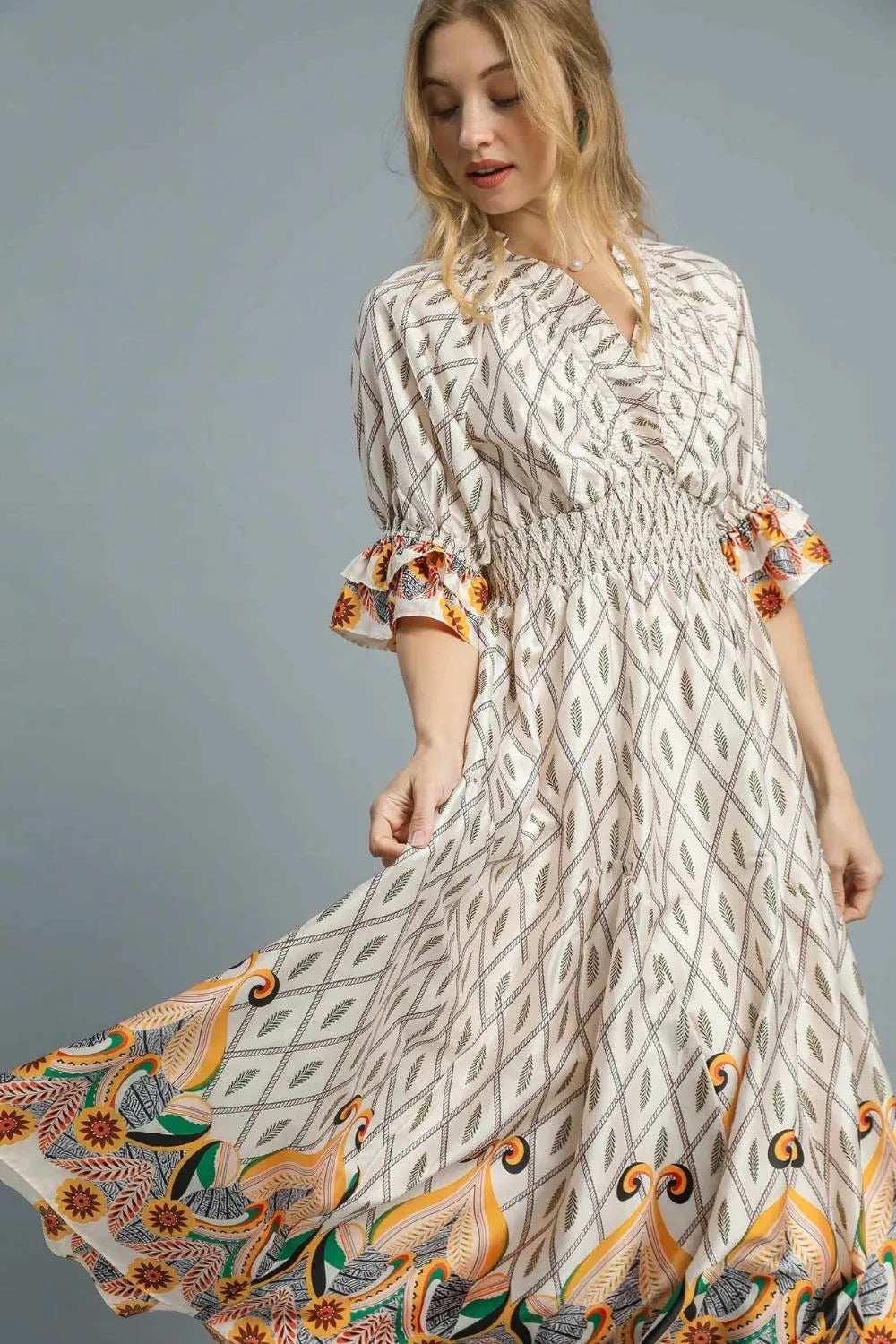 Umgee Printed Smocked Waist Flounce Sleeve Midi Dress - Trendsi - Flyclothing LLC