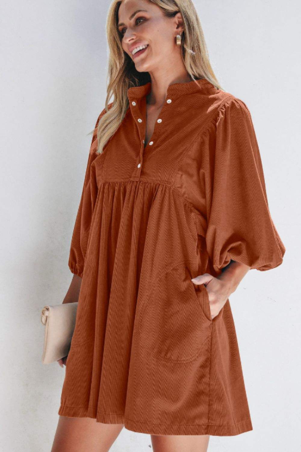 Corduroy Quarter Snap Three-Quarter Sleeve Dress - Trendsi - Flyclothing LLC