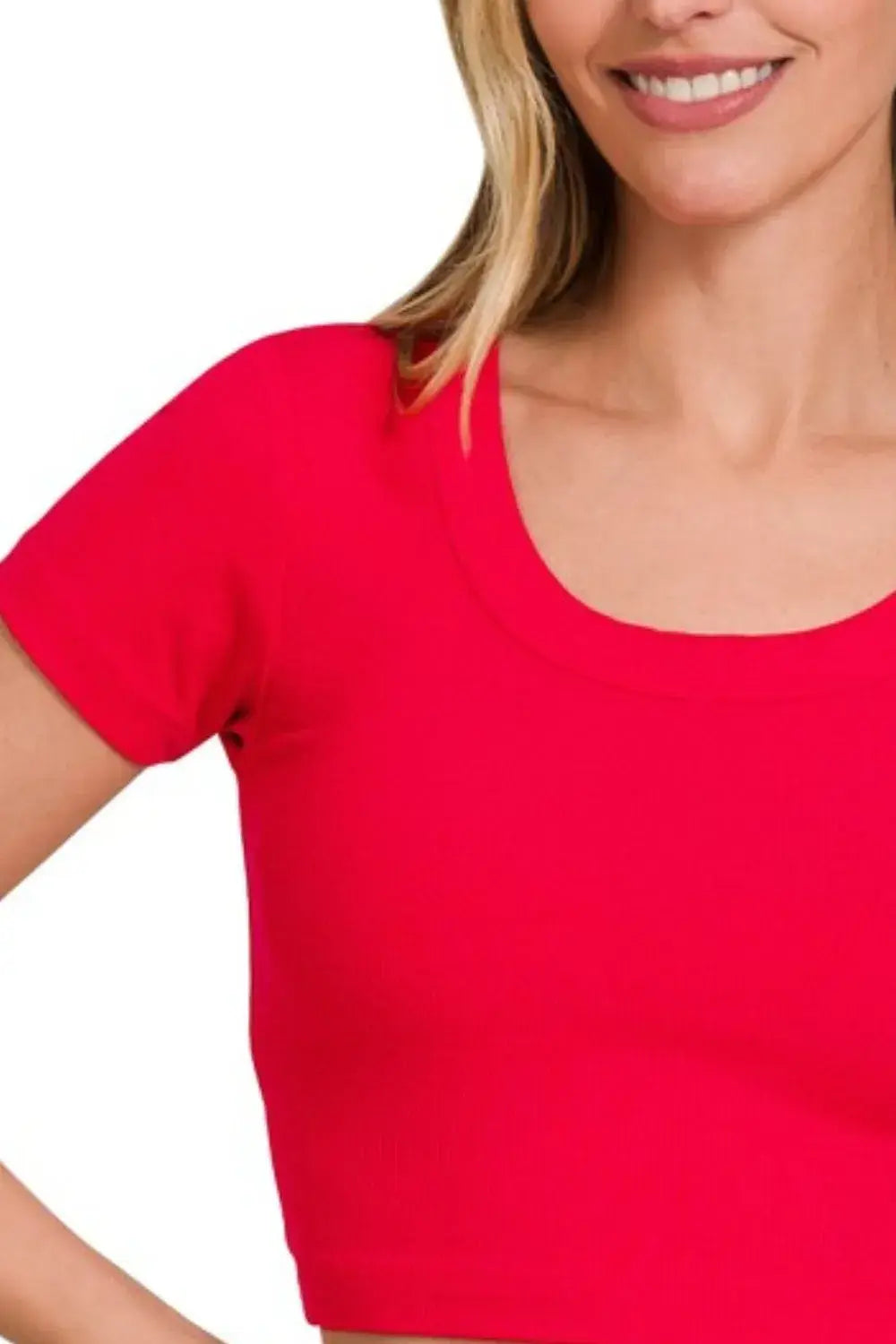 Zenana Ribbed Scoop Neck Crop Short Sleeve Top - Trendsi - Flyclothing LLC