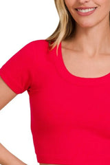 Zenana Ribbed Scoop Neck Crop Short Sleeve Top - Trendsi - Flyclothing LLC