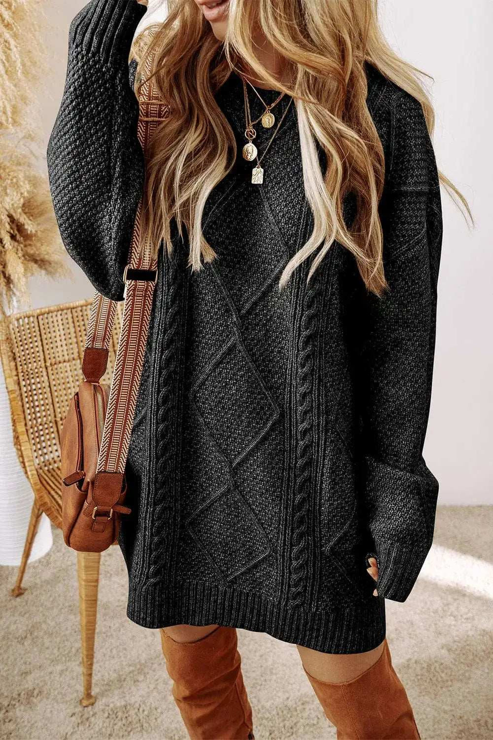 Cable-Knit Round Neck Sweater Dress - Trendsi - Flyclothing LLC