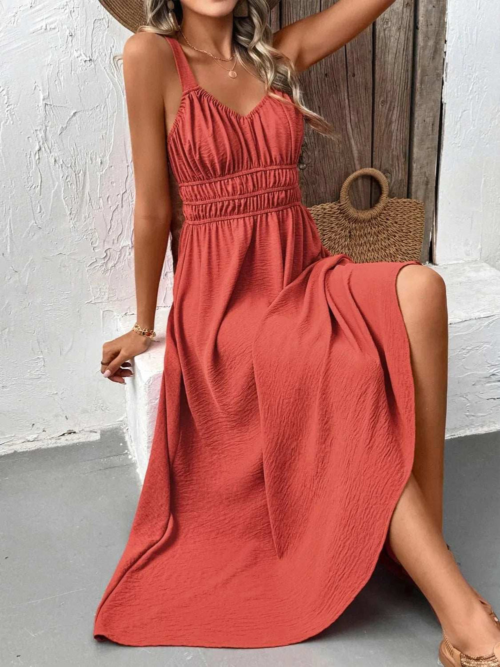 V-Neck Wide Strap Midi Cami Dress - Trendsi - Flyclothing LLC