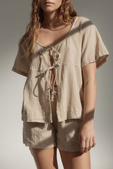 Plaid Tied Scoop Neck Short Sleeve Top and Drawstring Shorts Set - Trendsi