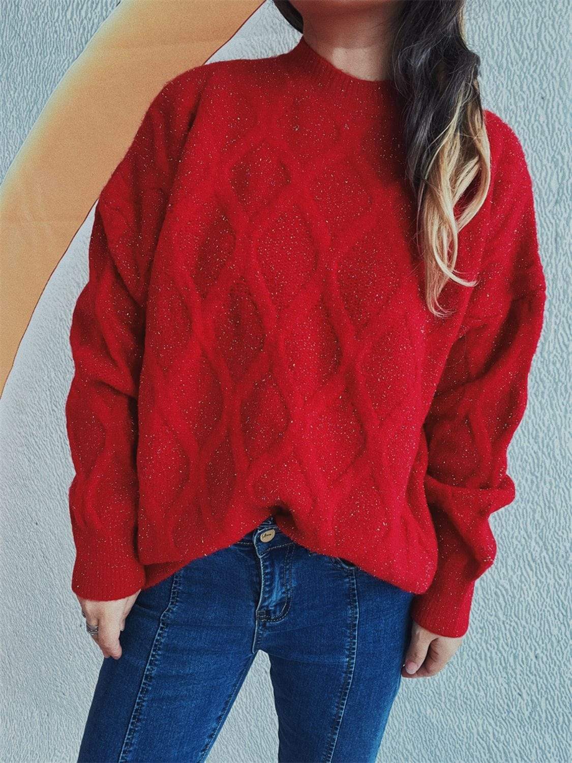 Diamond Round Neck Long Sleeve Sweater - Trendsi - Flyclothing LLC