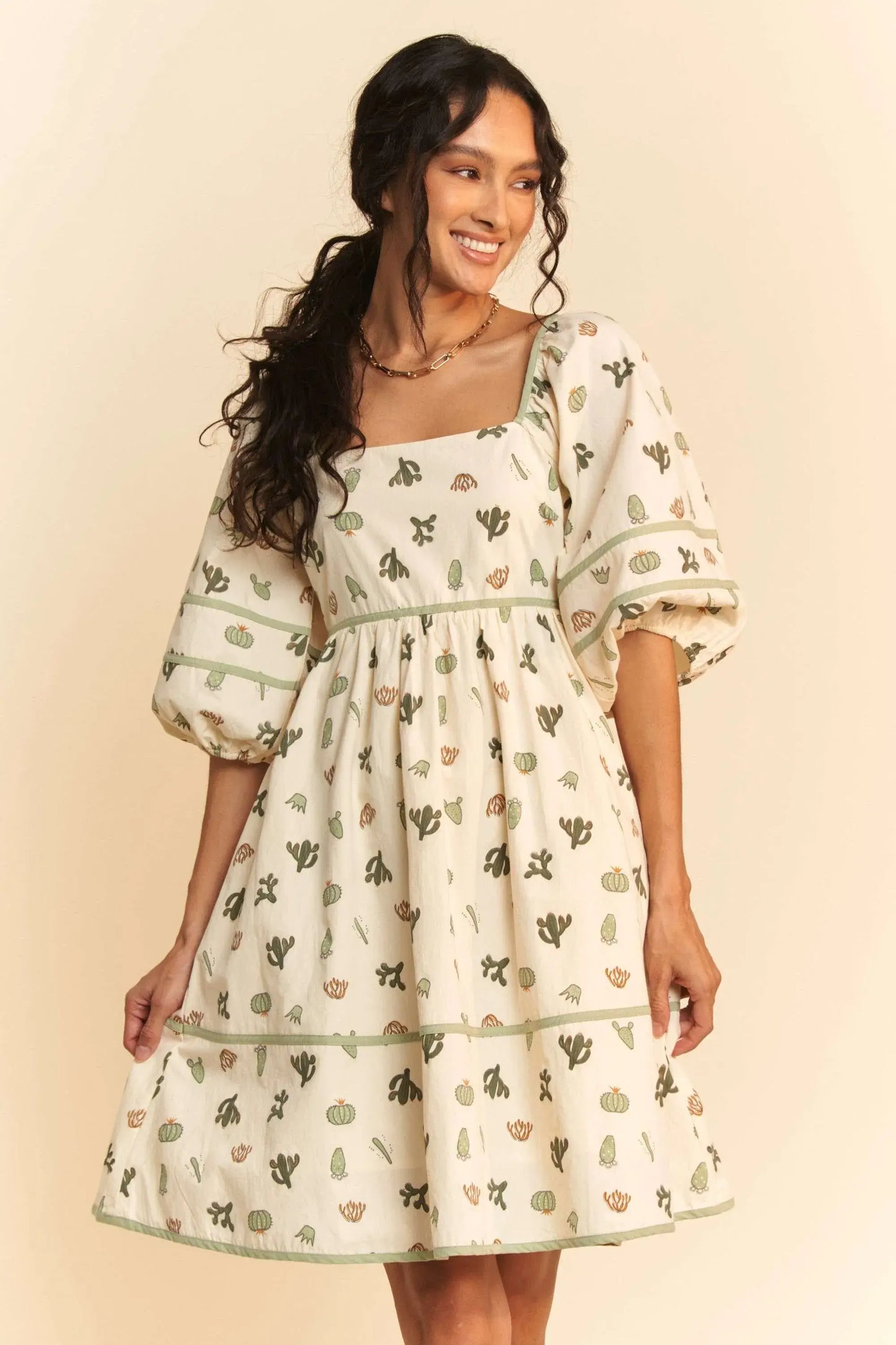 Davi & Dani Cactus Printed Poplin Contrast Piping Mini Dress - Trendsi - Flyclothing LLC