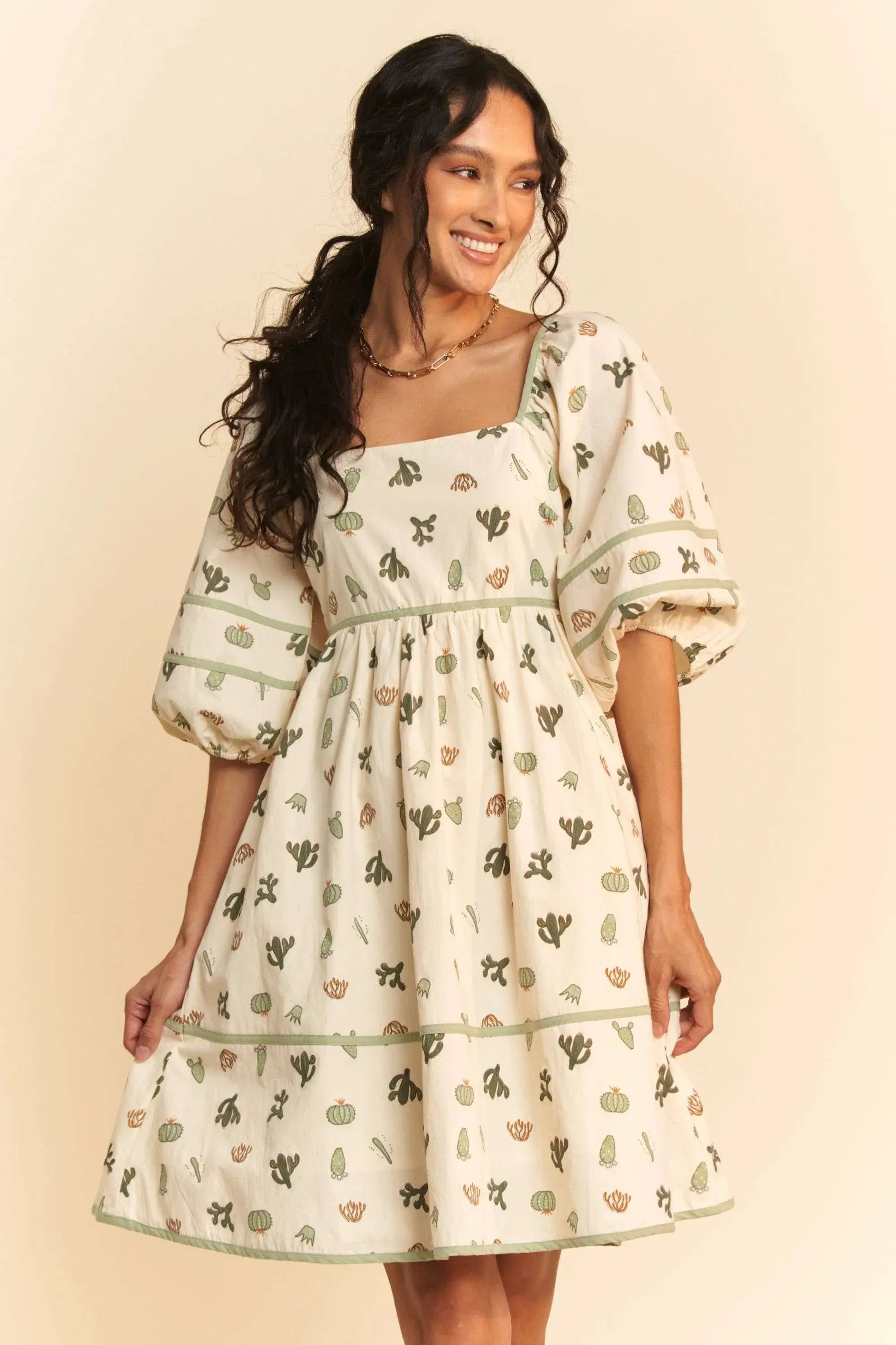 Davi & Dani Cactus Printed Poplin Contrast Piping Mini Dress - Trendsi - Flyclothing LLC