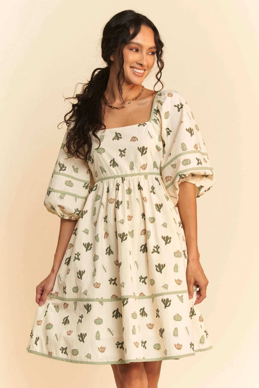 Davi & Dani Cactus Printed Poplin Contrast Piping Mini Dress - Trendsi - Flyclothing LLC