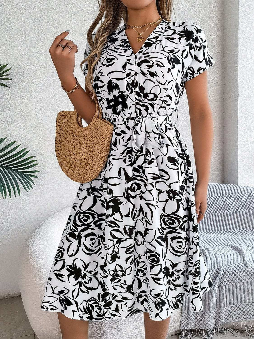 Printed V-Neck Short Sleeve Dress - Trendsi - Flyclothing LLC