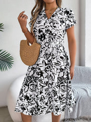 Printed V-Neck Short Sleeve Dress - Trendsi