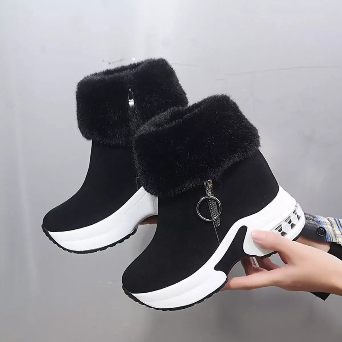 Fuzzy Side Zipper Platform Ankle Boots - Trendsi - Flyclothing LLC