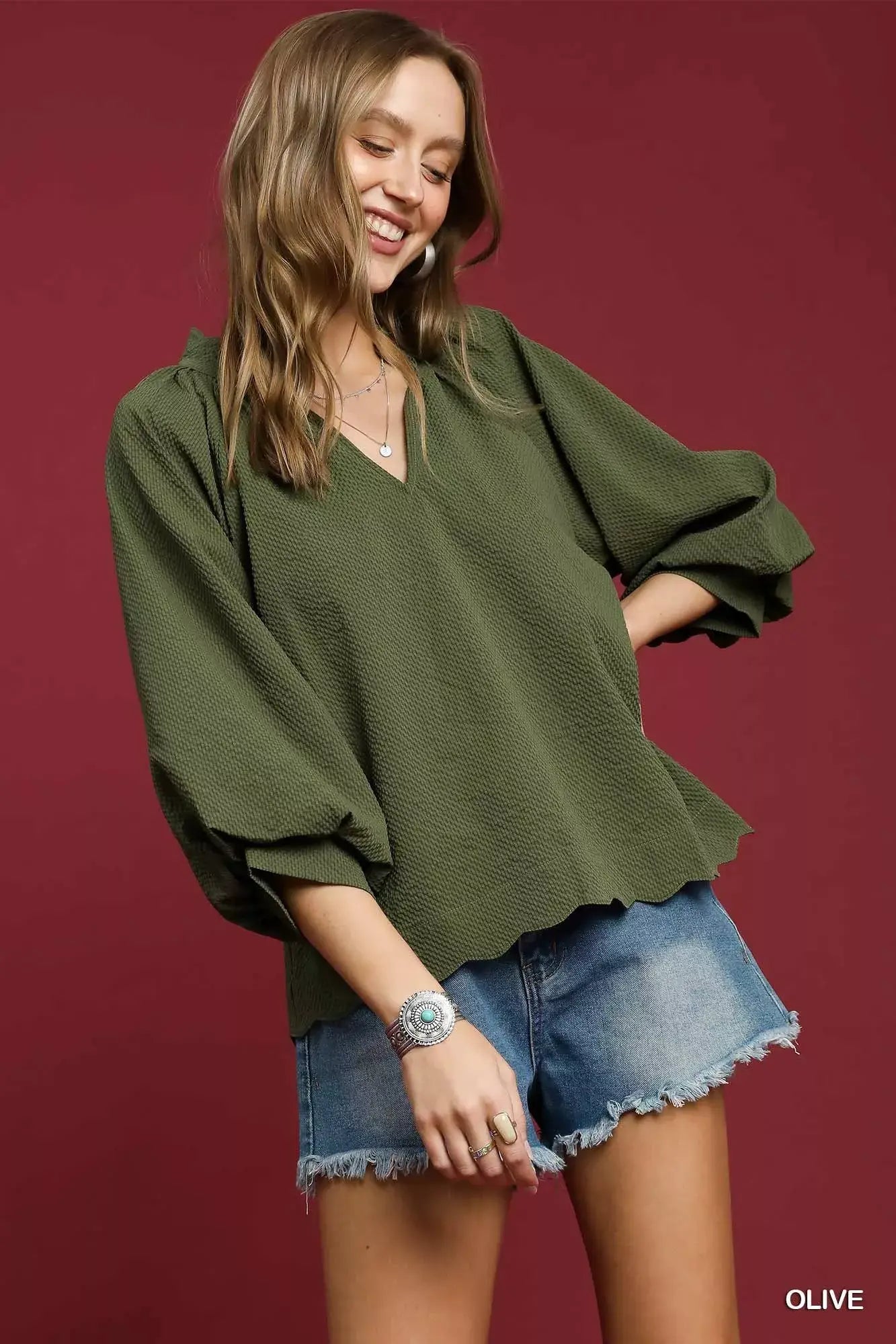 Umgee Full Size Textured Notched Balloon Sleeve Blouse Plus Size - Trendsi - Flyclothing LLC