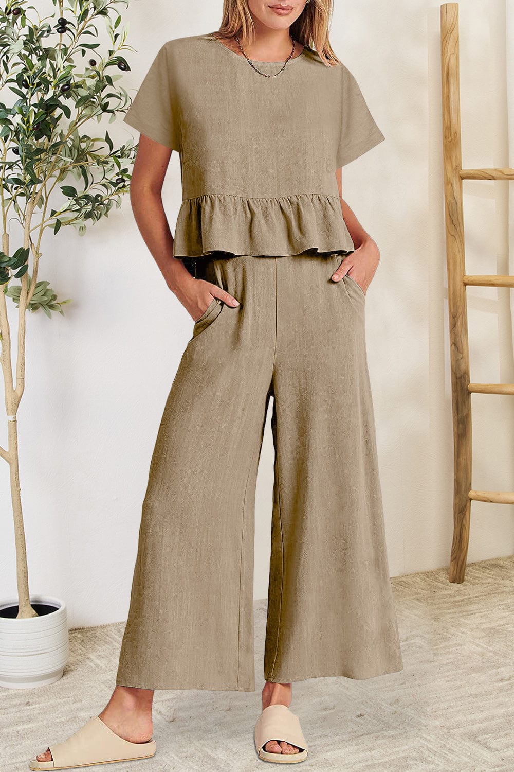 Peplum Round Neck Short Sleeve Top and Pants Set - Trendsi