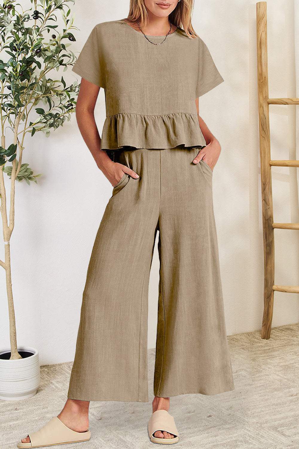 Peplum Round Neck Short Sleeve Top and Pants Set - Trendsi - Flyclothing LLC