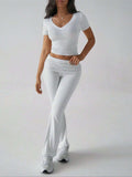 Devine V-Neck Top and Bootcut Leggings Set - Trendsi - Flyclothing LLC