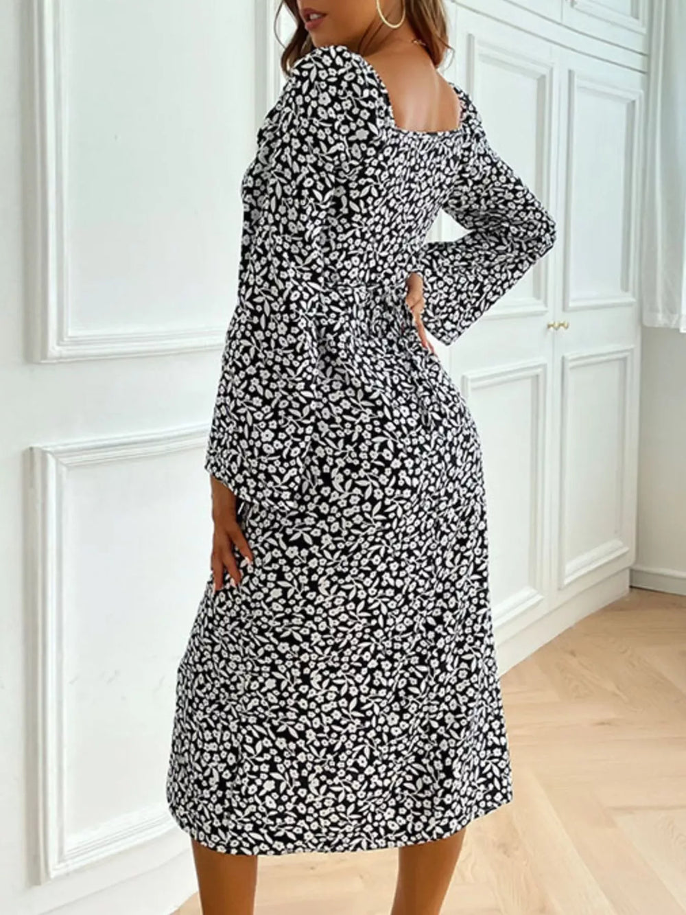 Printed Tie Flare Sleeve Midi Dress - Trendsi - Flyclothing LLC