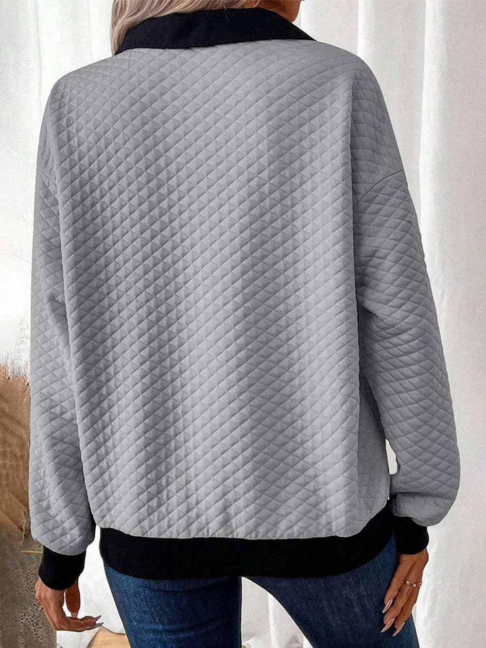 Texture Quarter Button Long Sleeve Sweatshirt - Trendsi - Flyclothing LLC