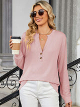Striped Notched Long Sleeve T-Shirt - Trendsi - Flyclothing LLC