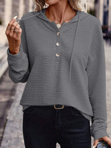 Drawstring Quarter Button Long Sleeve Hoodie - Trendsi - Flyclothing LLC