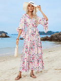 Tied Printed Three-Quarter Sleeve Midi Dress - Trendsi