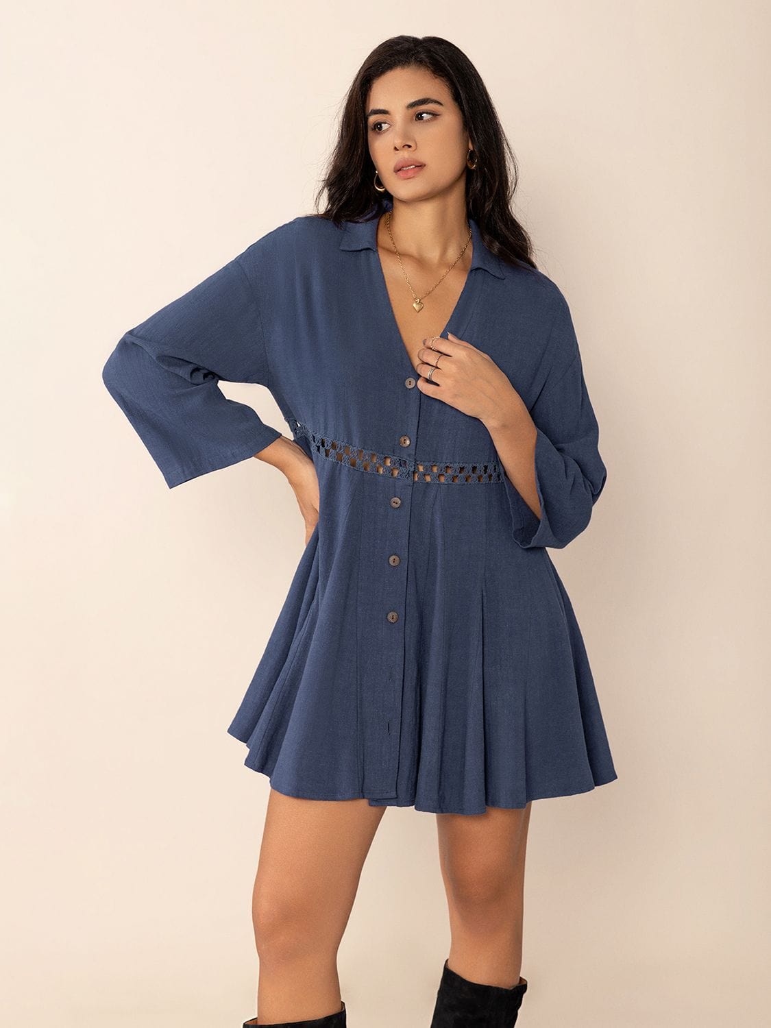 Cutout Johnny Collar Long Sleeve Mini Dress - Trendsi