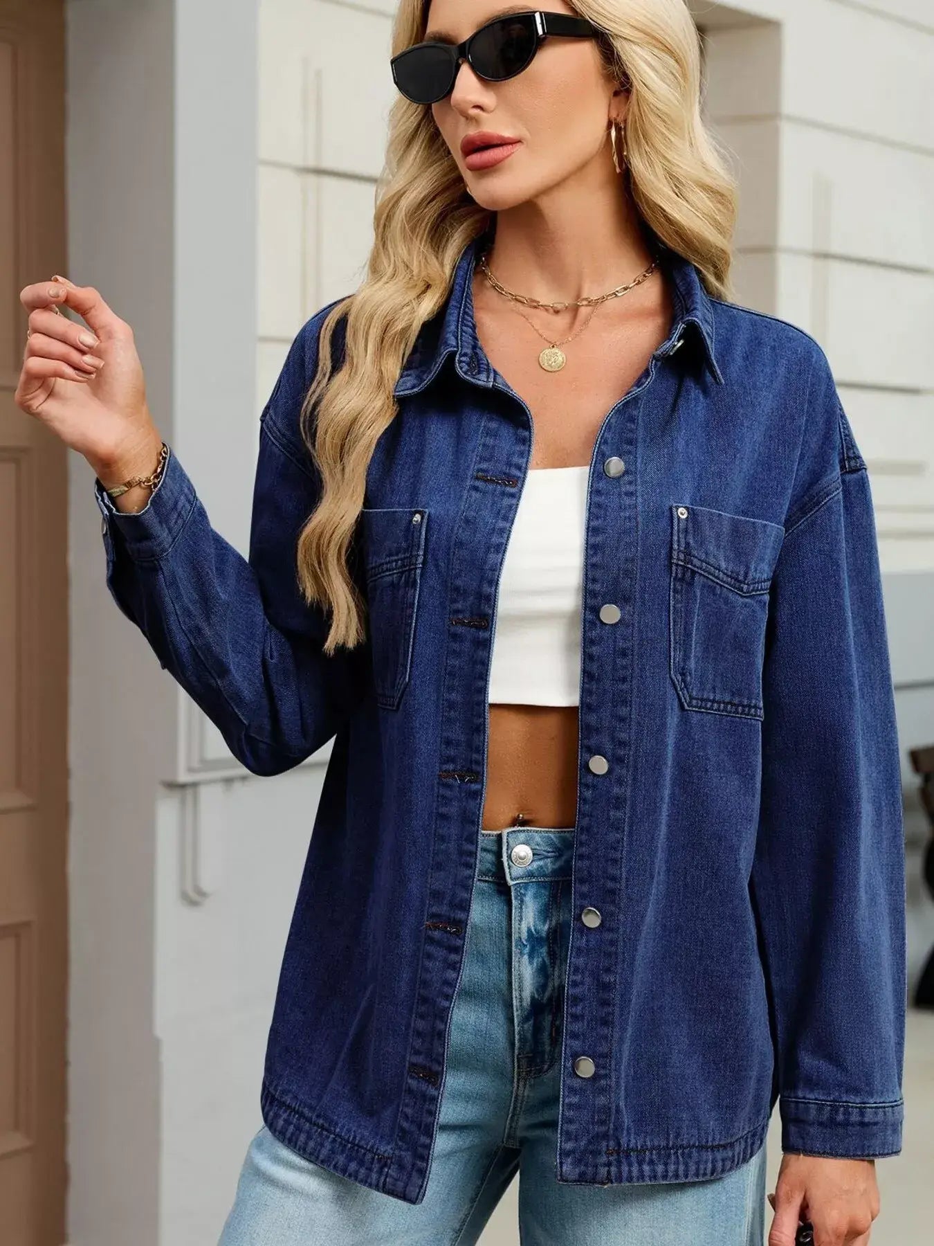 Button Up Dropped Shoulder Denim Jacket - Trendsi - Flyclothing LLC