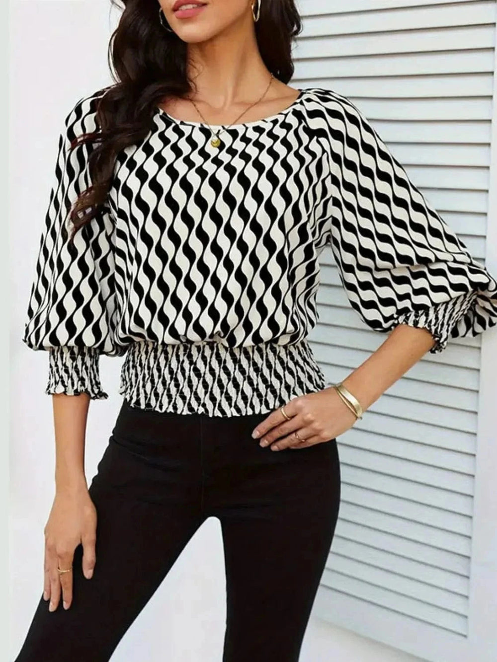 Geometric Print Lantern Sleeve Smocked Waist Blouse - Trendsi