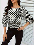 Geometric Print Lantern Sleeve Smocked Waist Blouse - Trendsi