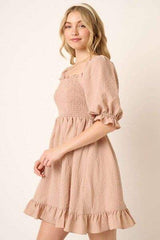 Mittoshop Smocked Ruffled Hem Half Sleeve Mini Dress - Trendsi - Flyclothing LLC