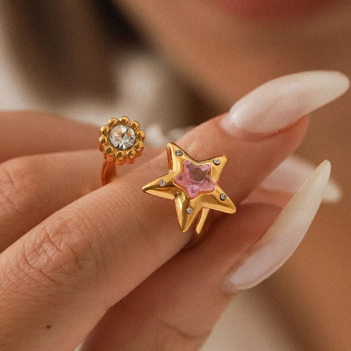 18K Gold-Plated Zircon Star Open Ring - Trendsi - Flyclothing LLC
