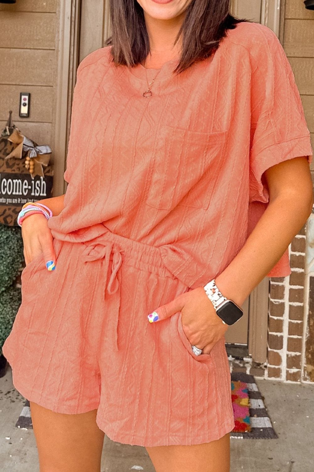 Texture Short Sleeve Top and Shorts Set - Trendsi