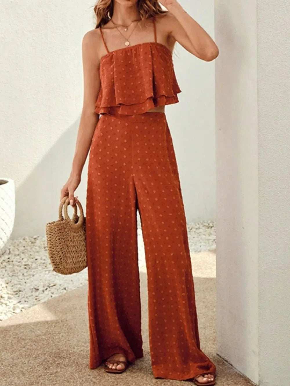 Swiss Dot Layered Cami and Pants Set - Trendsi - Flyclothing LLC