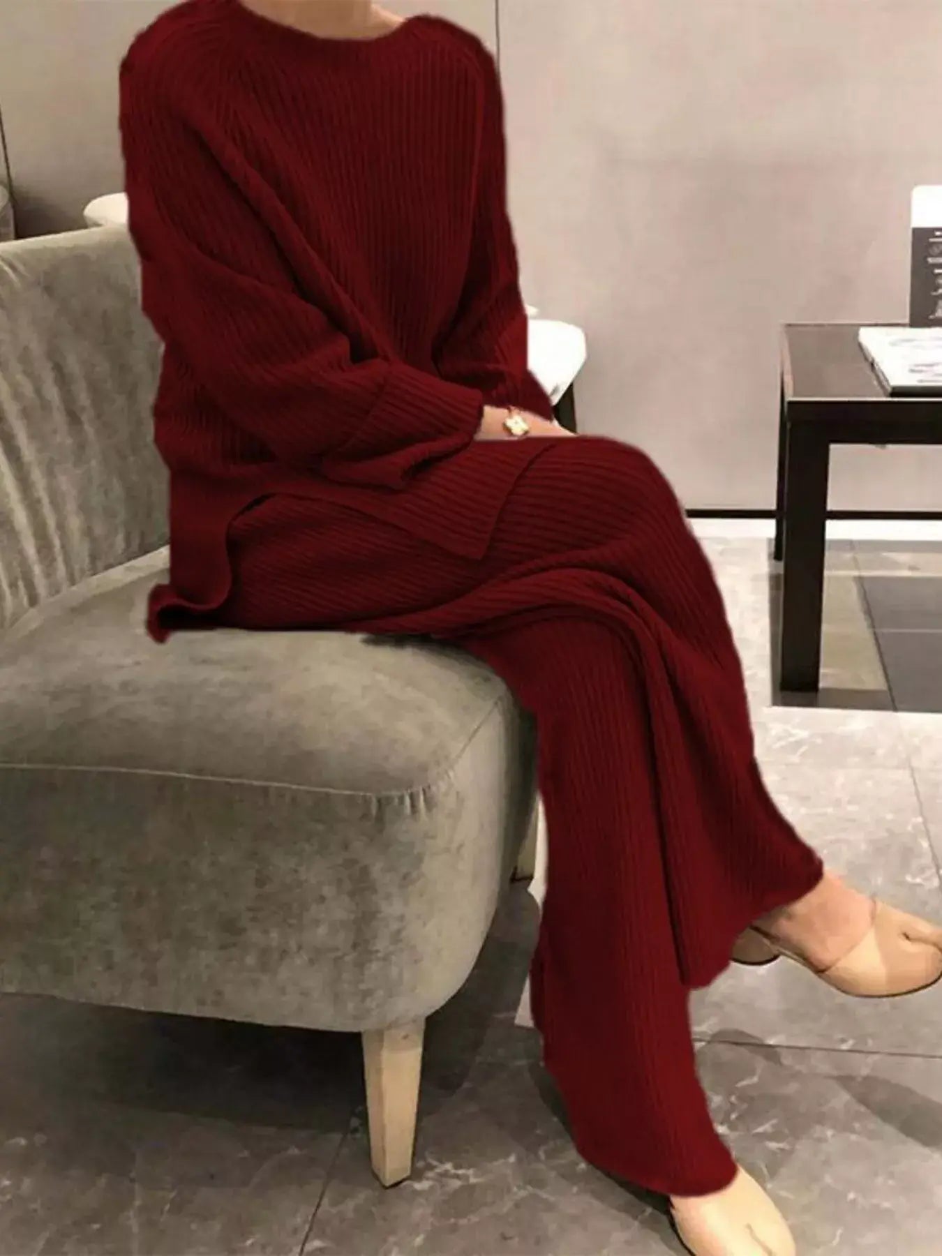 Full Size Ribbed Knit Relaxed Fit Top and Pants Sweater Set Plus Size - Trendsi - Flyclothing LLC