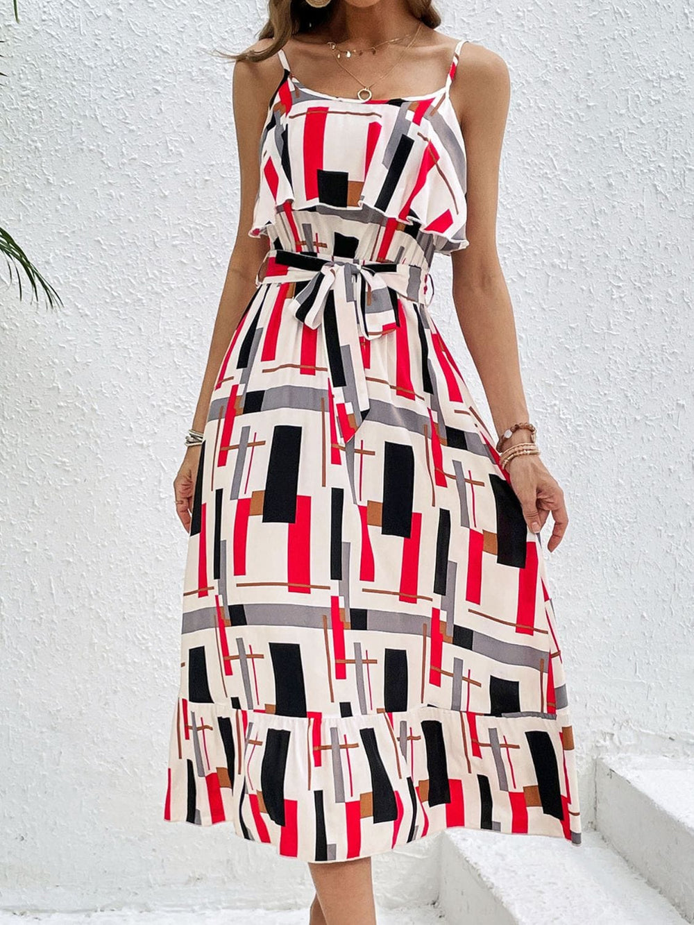 Ruffled Printed Tie Waist Midi Dress - Trendsi