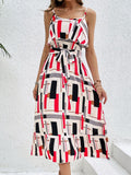 Ruffled Printed Tie Waist Midi Dress - Trendsi