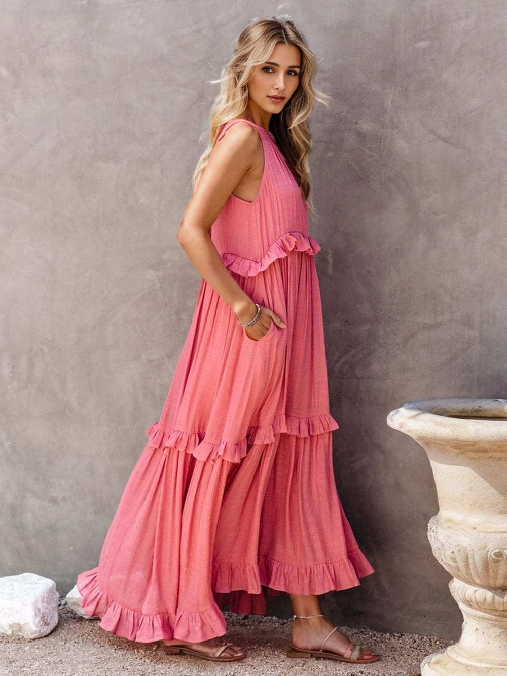 Ruffled Sleeveless Tiered Maxi Dress with Pockets - Trendsi - Flyclothing LLC