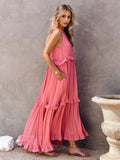 Ruffled Sleeveless Tiered Maxi Dress with Pockets - Trendsi
