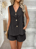 Devine Button Down V-Neck Tank and Shorts Set - Trendsi - Flyclothing LLC