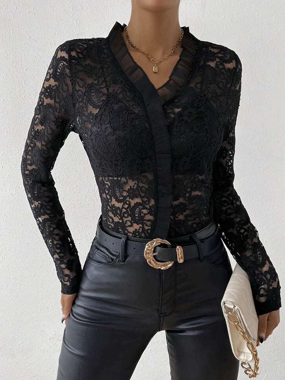 Ruffled V-Neck Long Sleeve Lace Top - Trendsi - Flyclothing LLC