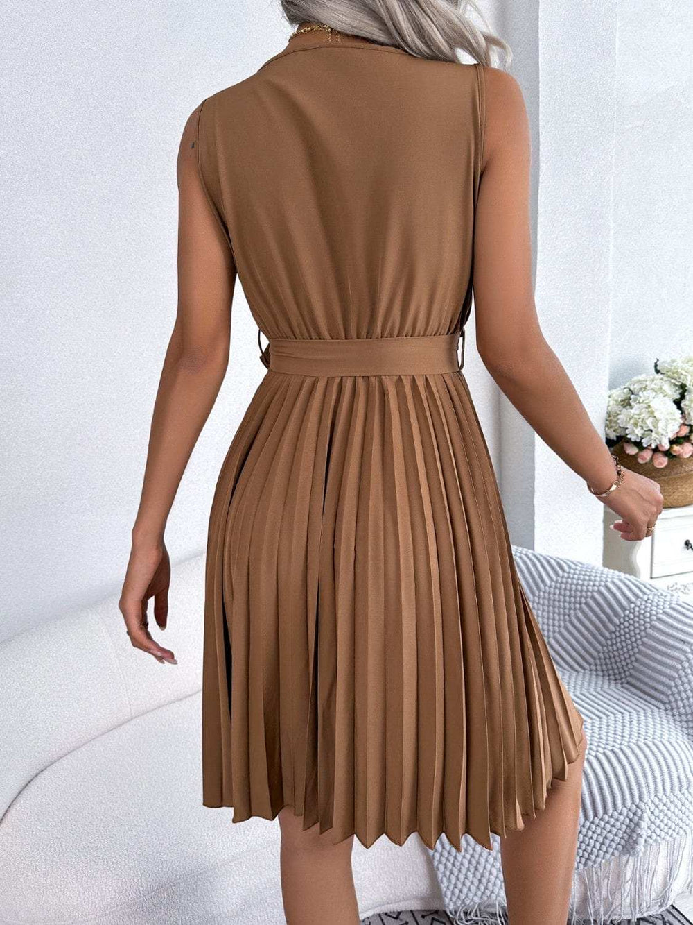 Tied Surplice Sleeveless Pleated Dress - Trendsi - Flyclothing LLC