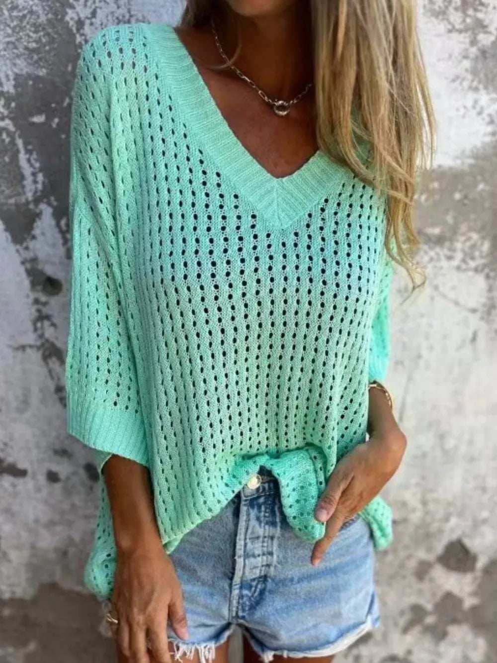 Full Size Openwork V-Neck Knit Cover Up Plus Size - Trendsi - Flyclothing LLC