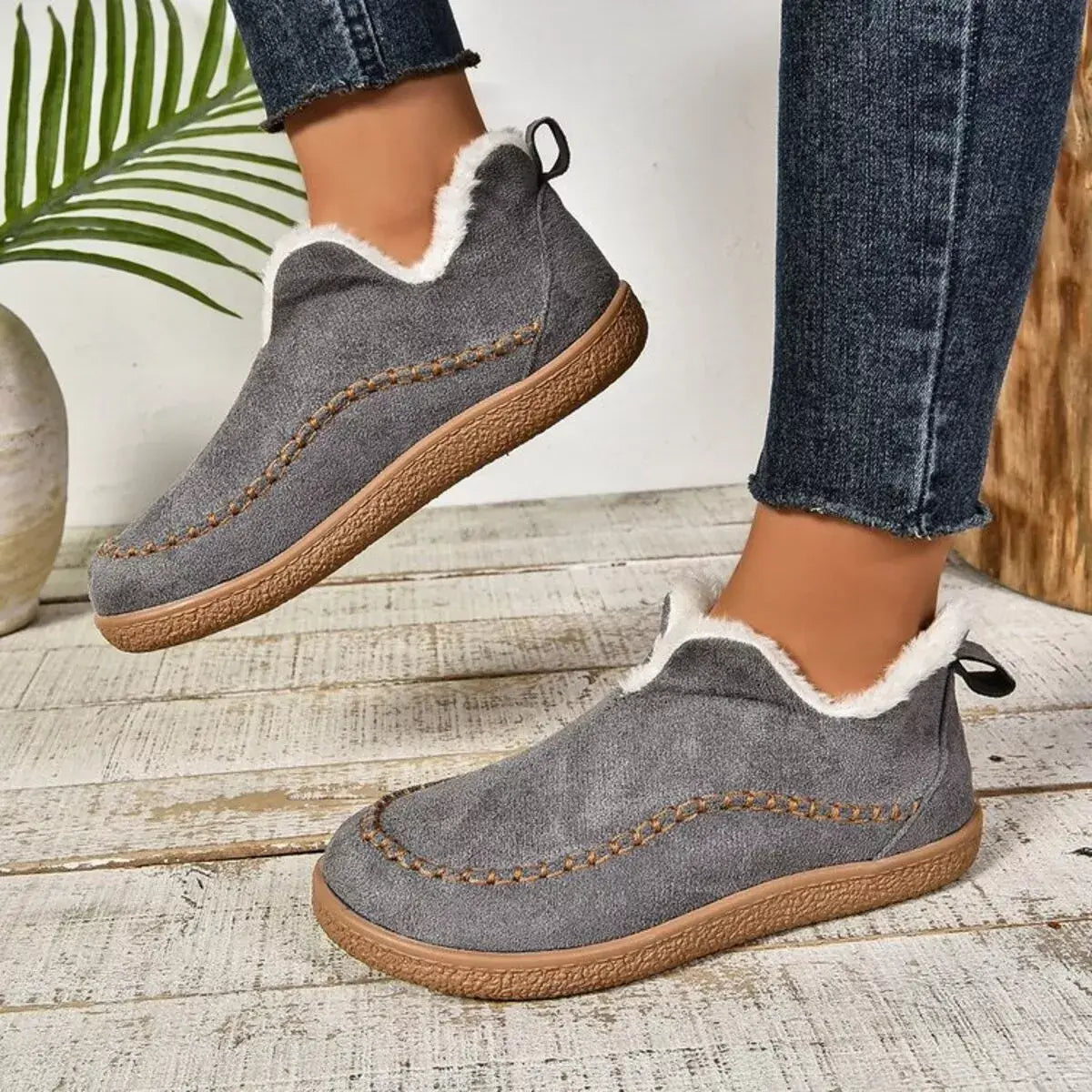 Round Toe Sherpa-Lined Slip-Ons - Trendsi - Flyclothing LLC