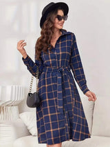 Plaid Tie Waist Long Sleeve Dress - Trendsi - Flyclothing LLC
