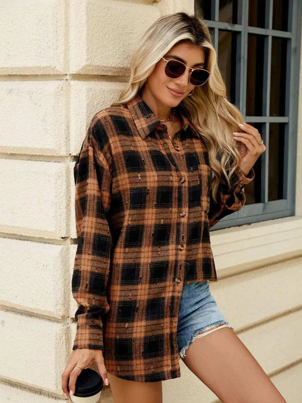 Plaid Button Up Long Sleeve Shirt - Trendsi - Flyclothing LLC