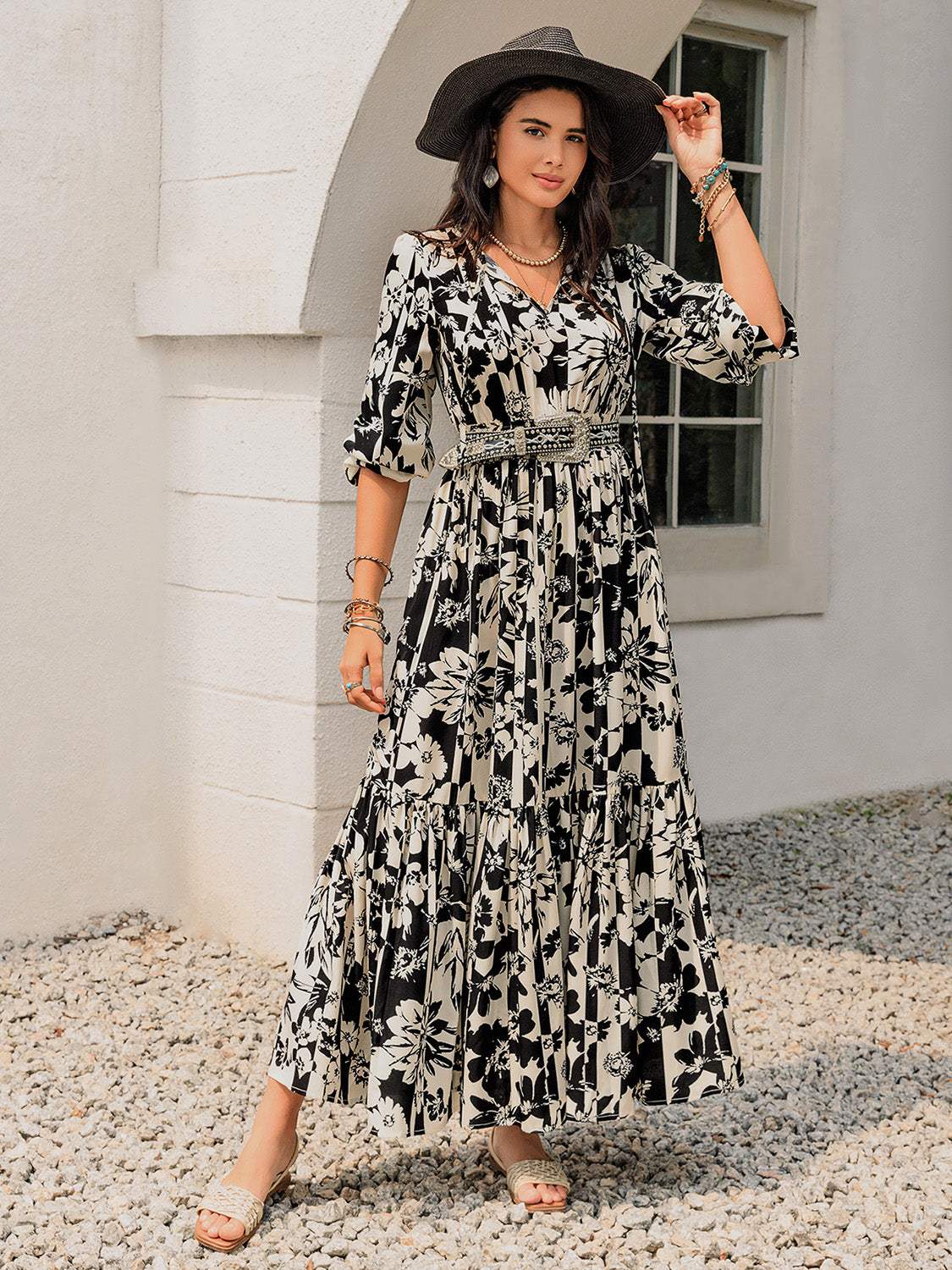 Smocked Printed Tie Neck Long Sleeve Dress - Trendsi - Flyclothing LLC