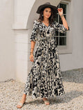 Smocked Printed Tie Neck Long Sleeve Dress - Trendsi - Flyclothing LLC