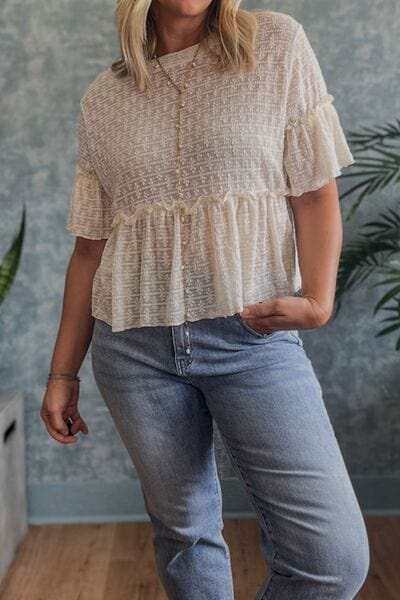 Frill Round Neck Half Sleeve Blouse - Trendsi - Flyclothing LLC